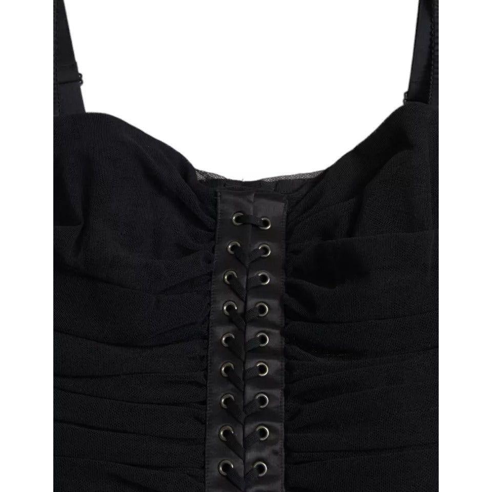 فستان دولتشي آند غابانا أسود مكشوف الكتفين من التول المطاطي متوسط ​​الطول