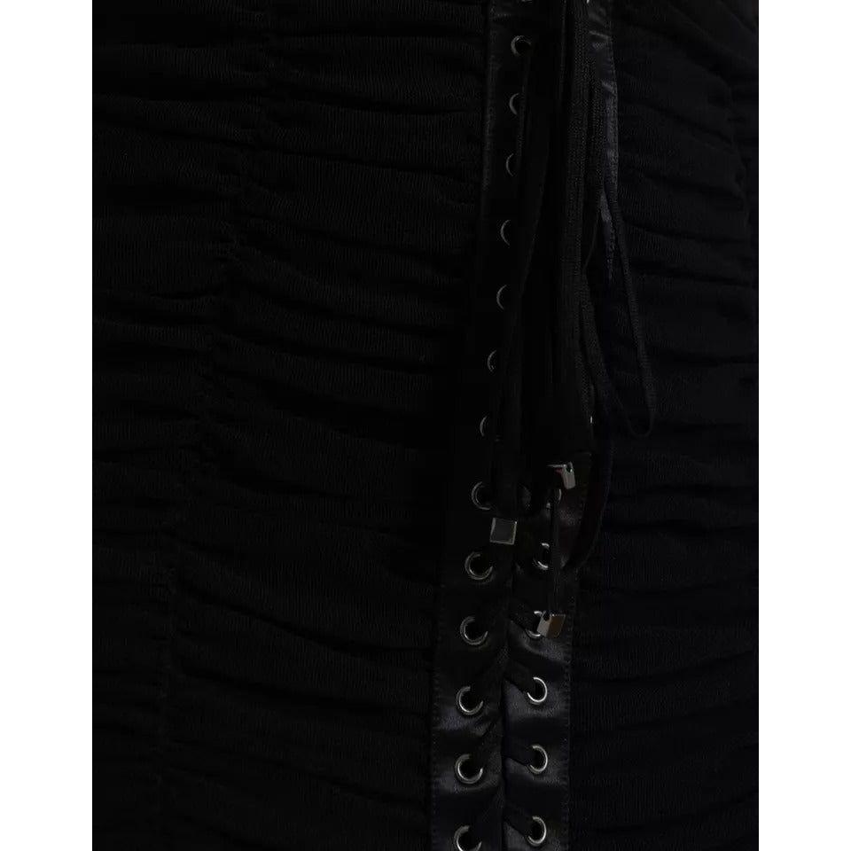 فستان دولتشي آند غابانا أسود مكشوف الكتفين من التول المطاطي متوسط ​​الطول