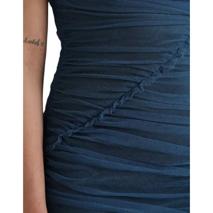 Dolce & Gabbana Blue Mesh Trim Ruched Tulle Sheath Dress