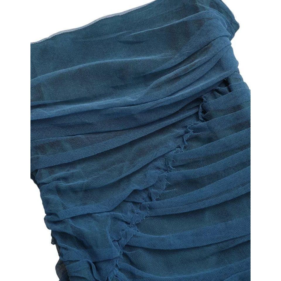 فستان دولتشي آند غابانا من التول المكشكش ذو الحواف الشبكية باللون الأزرق