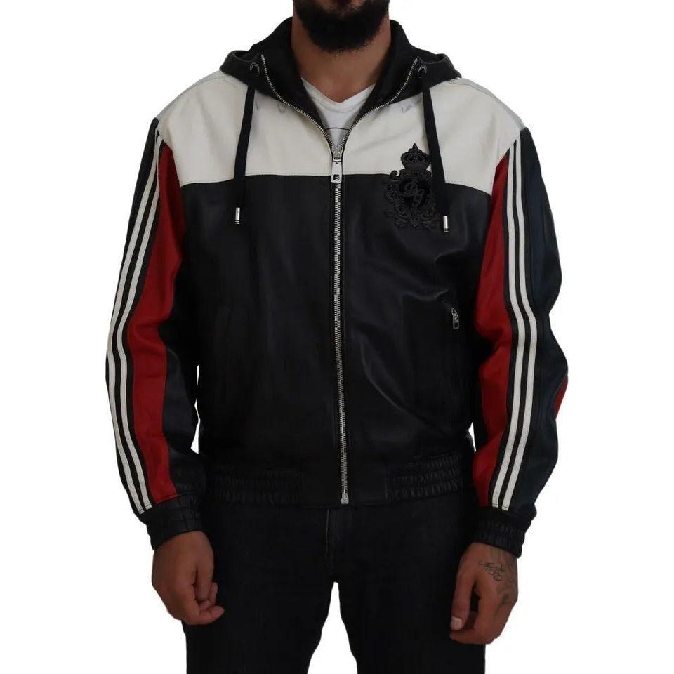 جاكيت معطف بغطاء رأس من الجلد الأسود من دولتشي آند غابانا