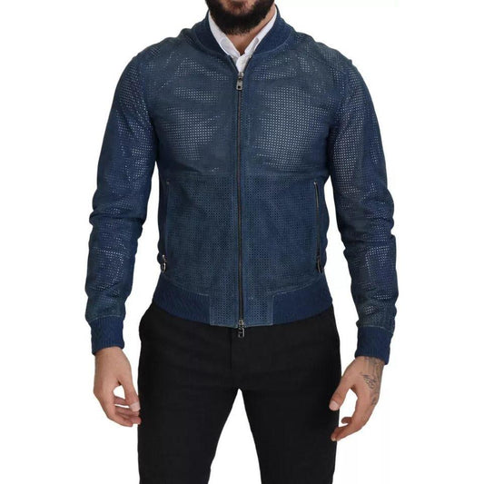 Dolce & Gabbana Blue Leather Perforated Full Zip Jacket Dolce & Gabbana Dark Slate Gray