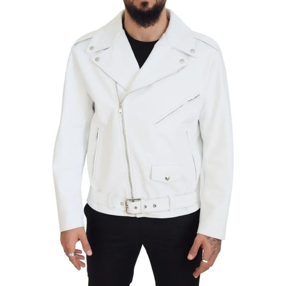 Dolce & Gabbana White Leather Biker Coat Zipper Jacket JKT3430-46
