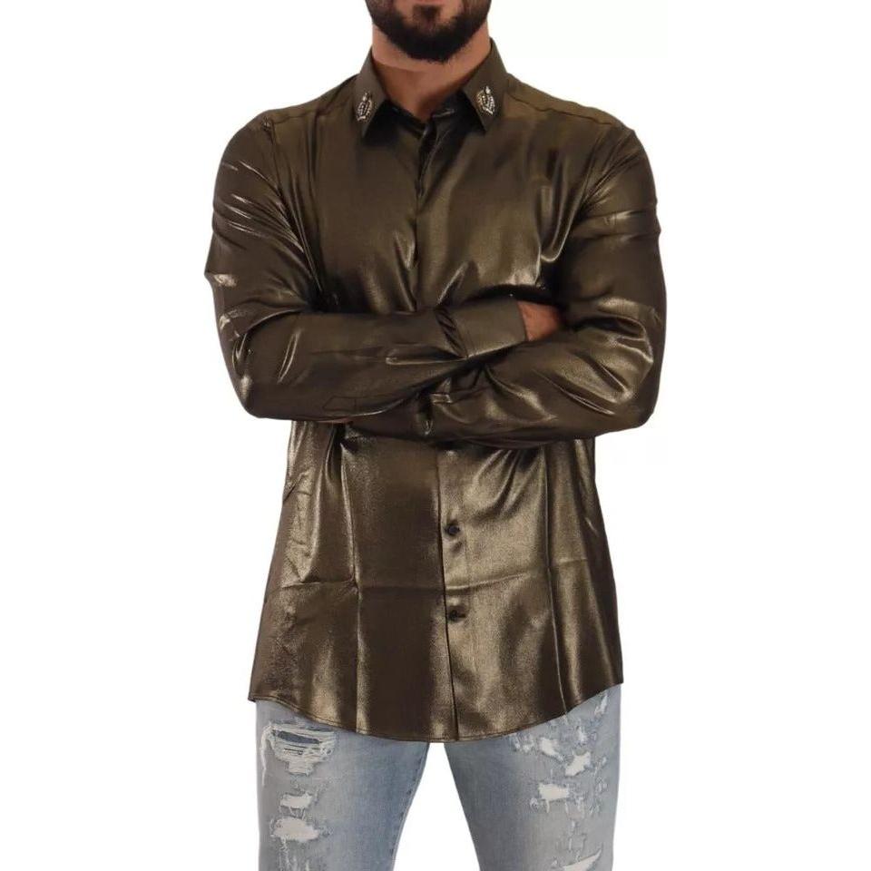 قميص علوي من الحرير بتطريز تاج من DG باللون الذهبي المعدني من Dolce &amp; Gabbana