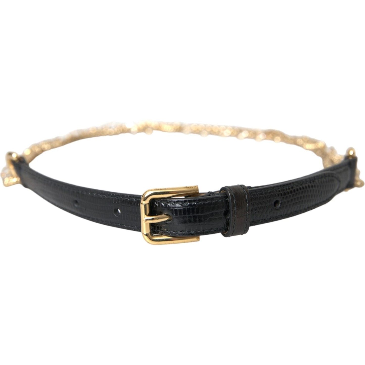 Dolce & Gabbana Black Leather Gold Chain Crystal Waist Women Belt