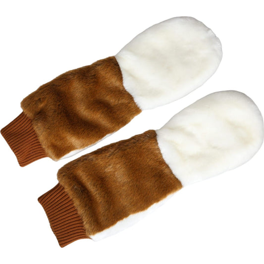 Dolce & Gabbana Brown White Acrylic Knitted Fur Mitten Gloves Dolce & Gabbana Saddle Brown