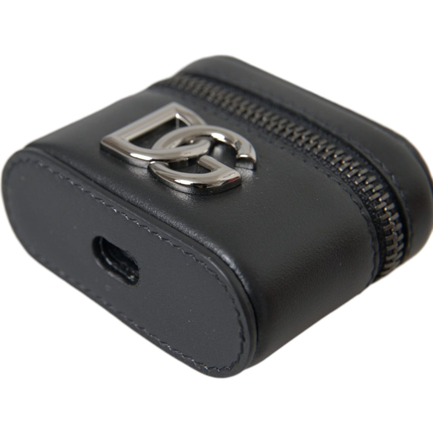Dolce & Gabbana Black DG Logo Leather Silver Metal Airpods Case