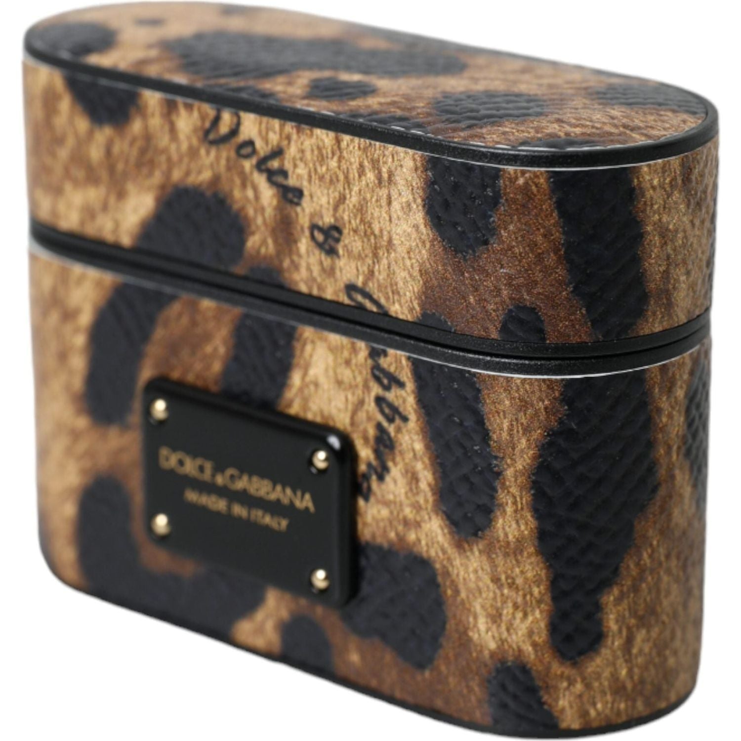 حافظة سماعات Airpods من Dolce &amp; Gabbana مصنوعة من جلد العجل باللون البني مع لوحة معدنية بشعار