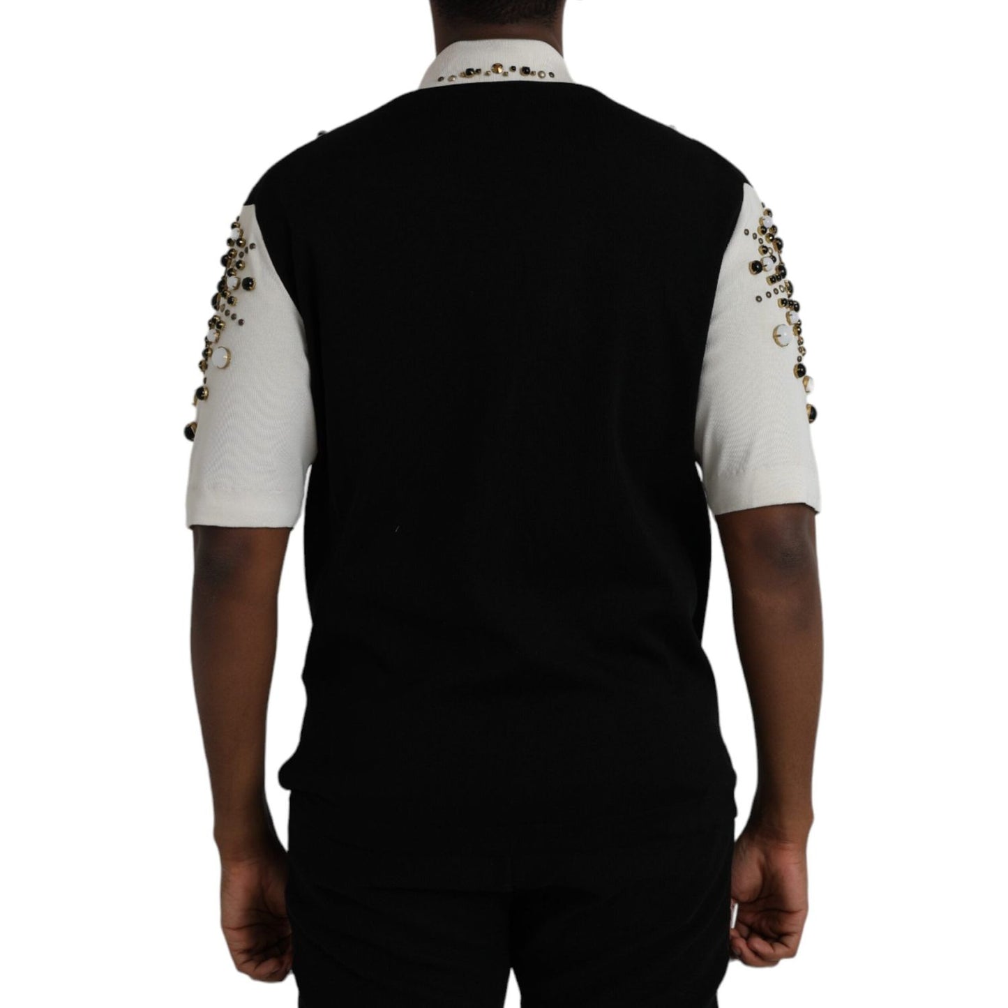 Dolce & Gabbana White Black Silk Studded Stone Crystal Shirt
