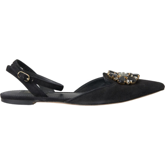 Dolce & Gabbana Black Leather Crystal Slingback Sandals Shoes Dolce & Gabbana Dark Slate Gray