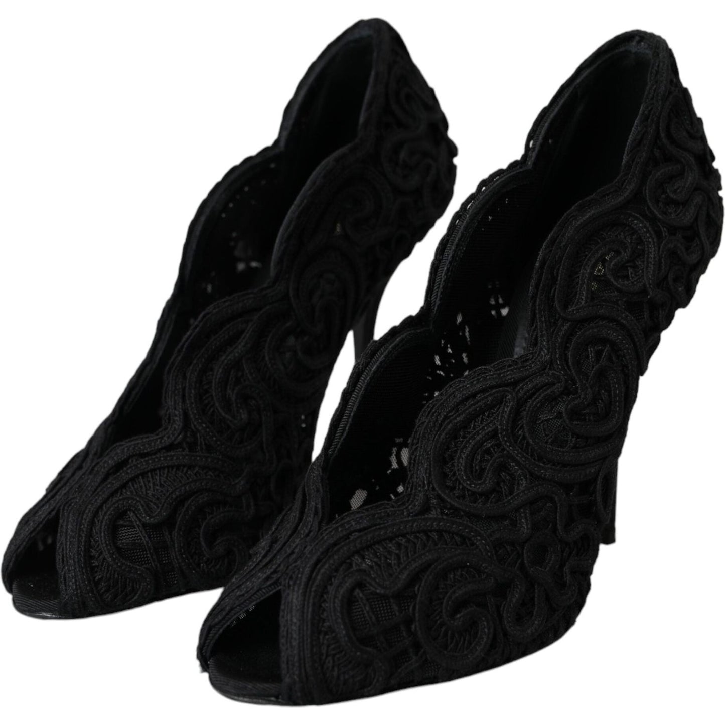 Dolce & Gabbana Black Cordonetto Ricamo Pump Open Toe Shoes