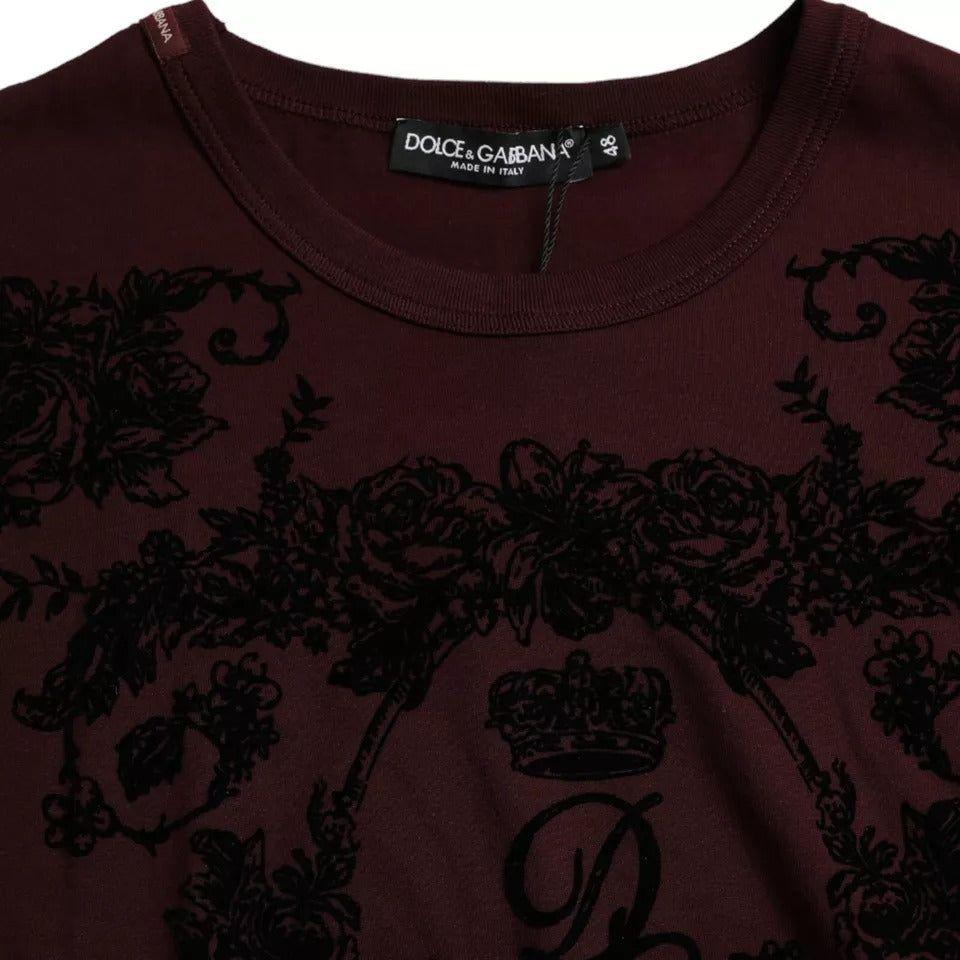 تي شيرت رجالي من Dolce &amp; Gabbana Maroon DG Crown Floral Crewneck