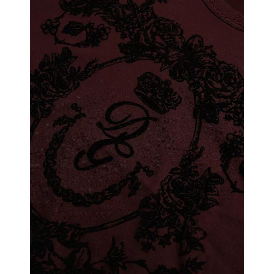 تي شيرت رجالي من Dolce &amp; Gabbana Maroon DG Crown Floral Crewneck