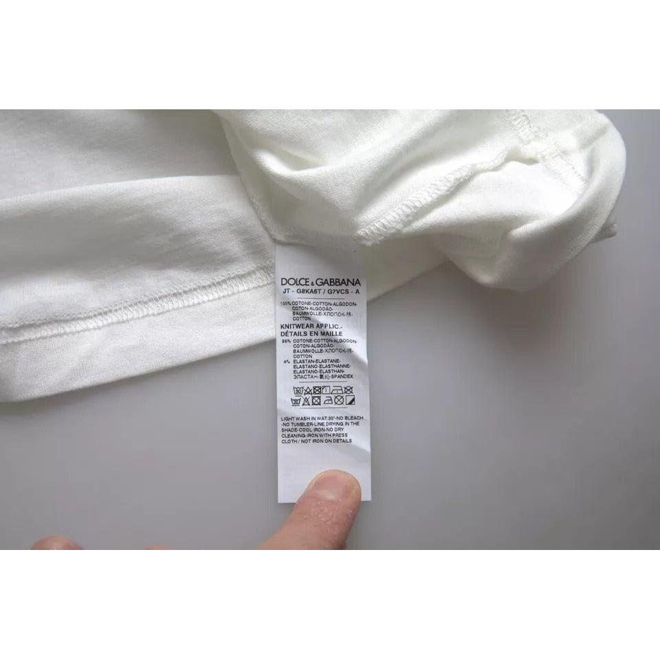 تي شيرت Dolce &amp; Gabbana من القطن بقبة دائرية وشعار تاج الأسد باللون الأبيض