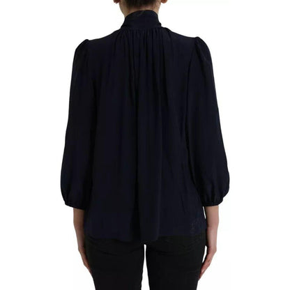 Dolce & Gabbana Blue Long Sleeves Ascot Collar Blouse Top