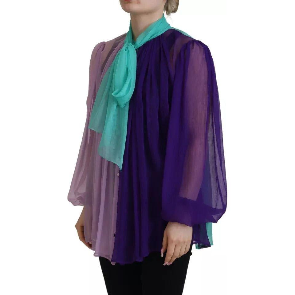 بلوزة دولتشي آند غابانا متعددة الألوان بأكمام طويلة وياقة أسكوت من الحرير