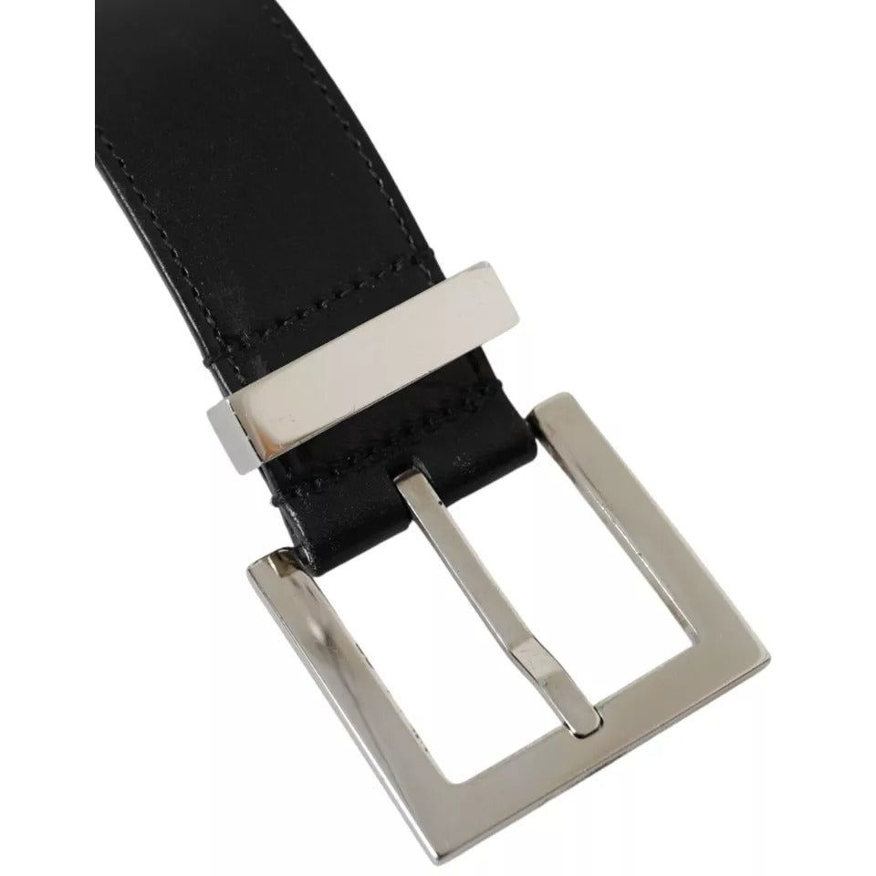 Dolce & Gabbana Black Leather Beige Strap Silver Metal Buckle Belt