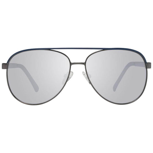 Aviator-style Guess gray men's sunglasses with gunmetal metal frame, mirrored grey plastic lenses providing 100% UVA & UVB protection.