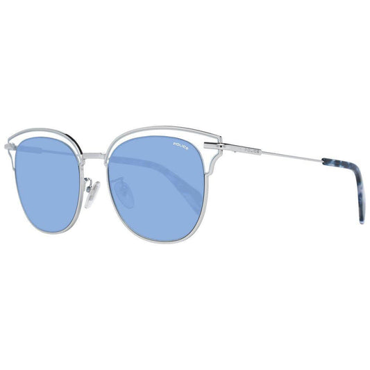 Police multicolor women's sunglasses with blue gradient lenses, silver metal frame, butterfly style, 100% UVA & UVB protection.