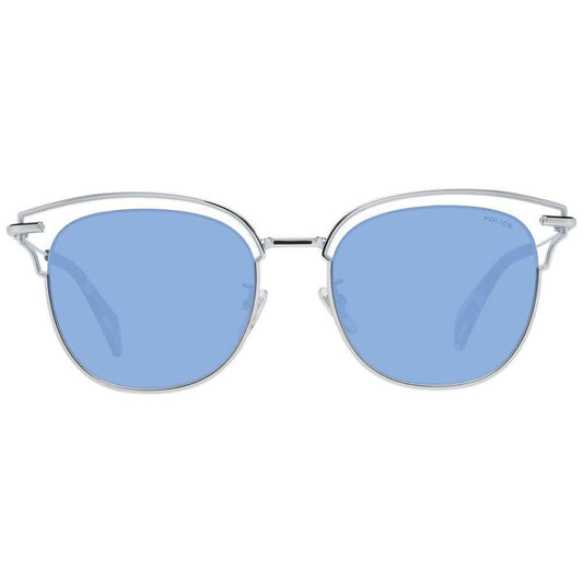 Police women's butterfly sunglasses with multicolor lenses, silver metal frame, blue gradient effect, UVA/UVB protection.