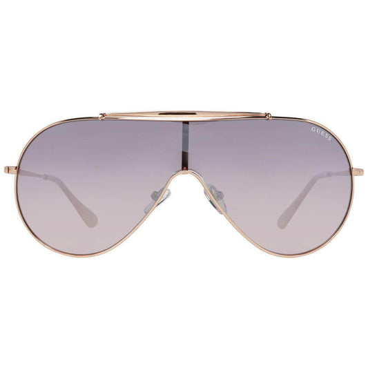 Guess women's rose gold sunglasses with purple gradient lenses, full-rim metal frame, providing 100% UVA & UVB protection.