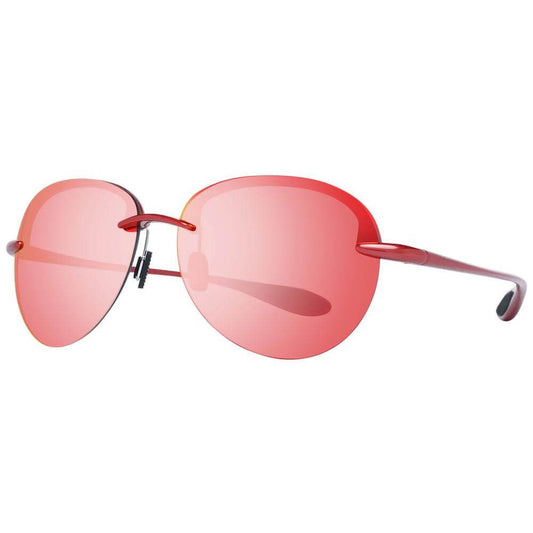 Red oval sunglasses with mirrored lenses, plastic frame, and 100% UVA & UVB protection, ideal for men. Includes branded case.