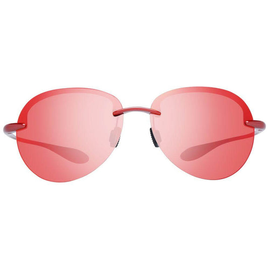 Red oval men's sunglasses with mirrored multicolor lenses, plastic frame, 100% UVA & UVB protection. Includes branded case.