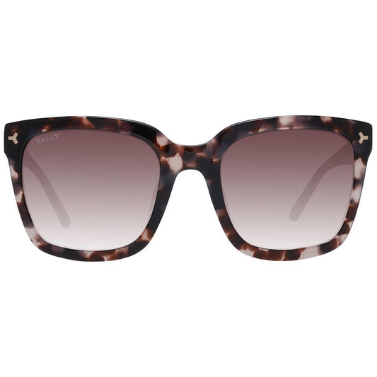 Bally brown women's square sunglasses with full-rim acetate frame, gradient lenses, and 100% UVA/UVB protection in a branded case.
