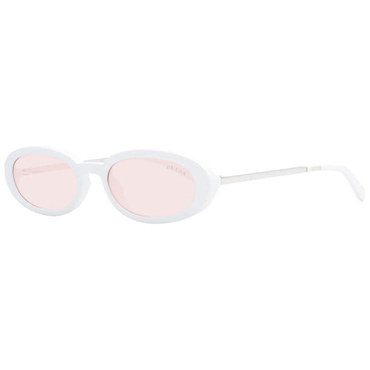 Guess white unisex oval full-rim sunglasses with brown plastic lenses, providing 100% UVA & UVB protection. Includes branded case.