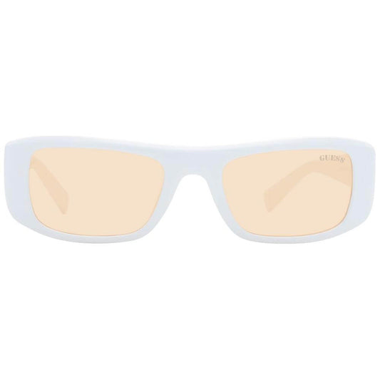 Guess white unisex sunglasses with full-rim plastic frame, orange lenses, and 100% UVA & UVB protection. Includes branded case.