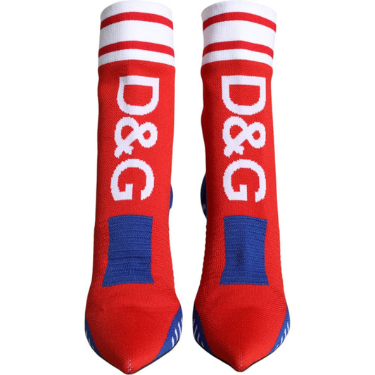 Dolce & Gabbana Red Blue Stretch Sock Style Ankle Boots Logo Shoes Dolce & Gabbana Firebrick