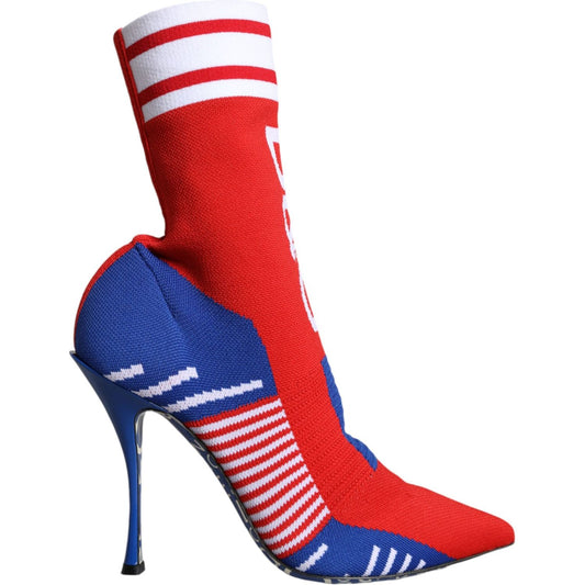 Dolce & Gabbana Red Blue Stretch Sock Style Ankle Boots Logo Shoes Dolce & Gabbana Firebrick