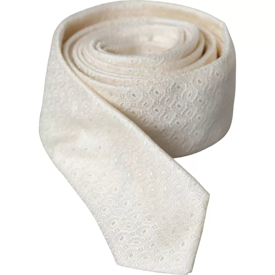 ربطة عنق رجالية قابلة للتعديل من دولتشي آند غابانا من الحرير المنقوش باللون الأبيض العاجي