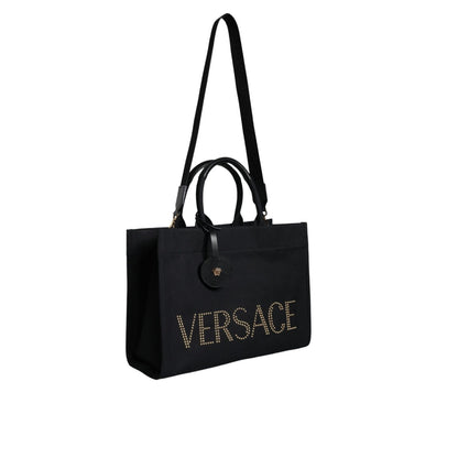 Versace Black Top Handle Canvas Leather Logo Crossbody Tote Bag
