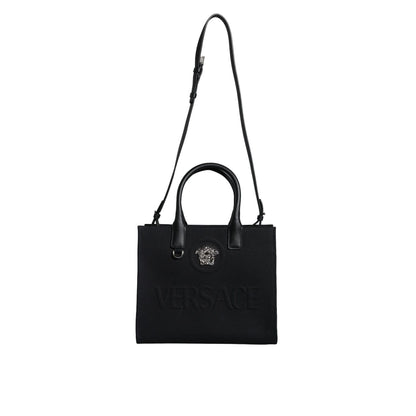 Versace Black Top Handle Canvas Leather Logo Crossbody Tote Bag