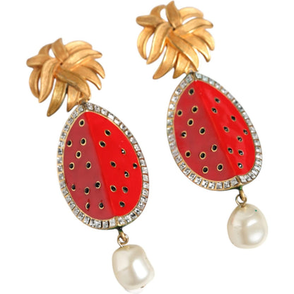 Dolce & Gabbana Red Watermelon Gold Brass Crystal Clip Dangling Earrings Earrings