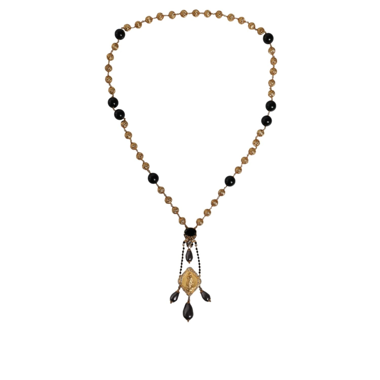Dolce & Gabbana Gold Chain Brass Black Beaded Rosary Style Necklace