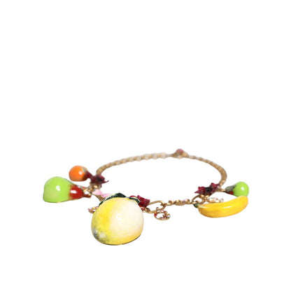 Dolce & Gabbana Gold Brass FRUIT Pendants Flowers Crystal Logo Necklace