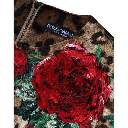 Dolce & Gabbana Brown Leopard Red Roses Cotton A-line Dress