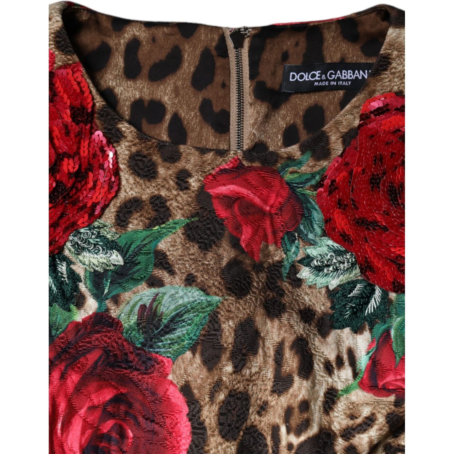 Dolce & Gabbana Brown Leopard Red Roses Cotton A-line Dress