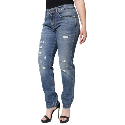 Dolce & Gabbana Blue Cotton Tattered Boyfriend Denim Jeans