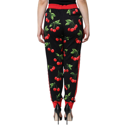 Dolce & Gabbana Black Red Cherry Mid Waist Jogger Pants