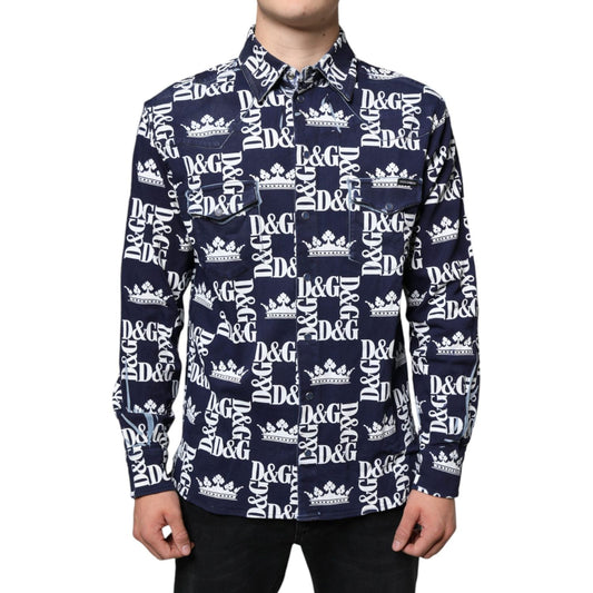 Dolce & Gabbana Blue Crown Logo Print Slim Fit Cotton Shirt Dolce & Gabbana Light Gray
