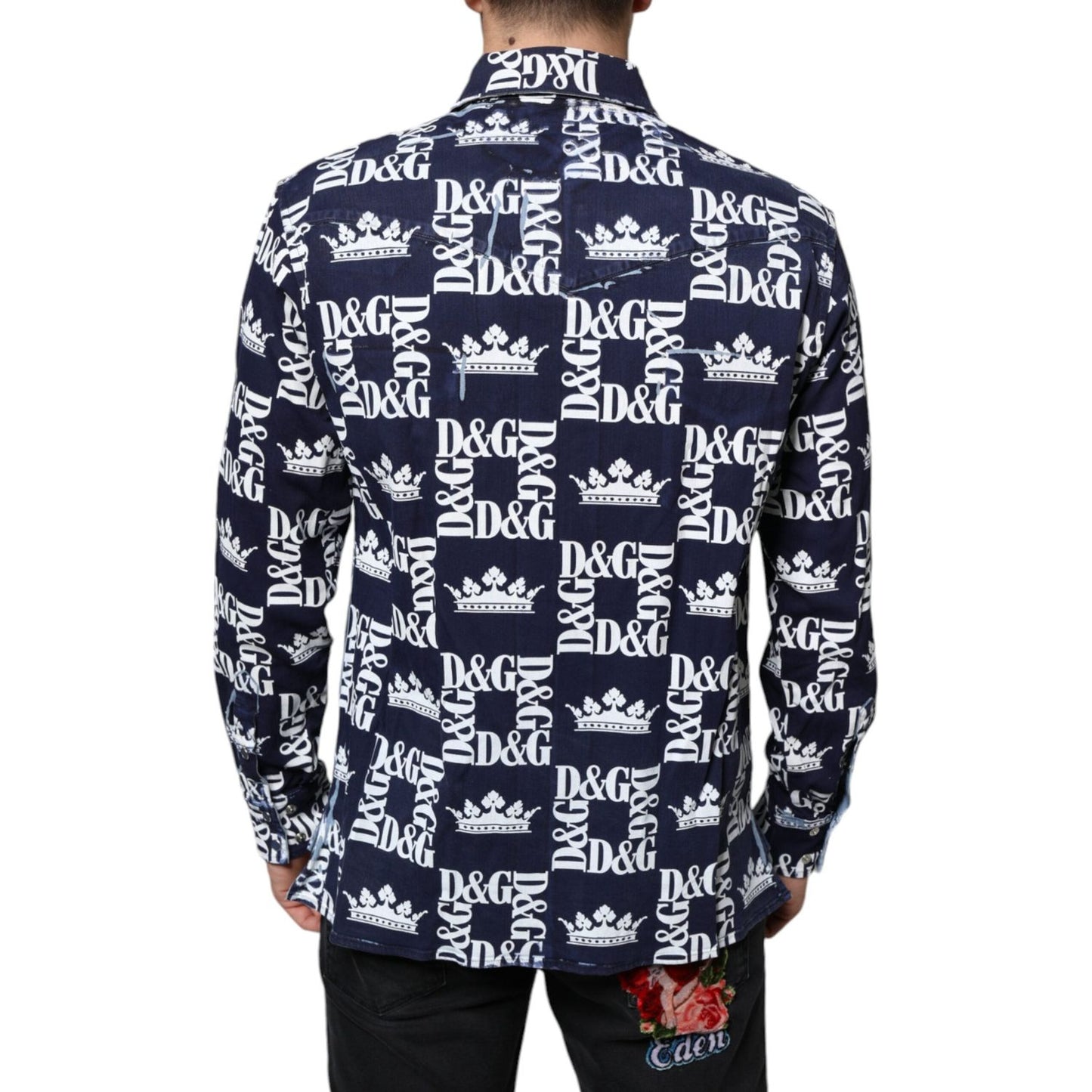 Dolce & Gabbana Blue Crown Logo Print Slim Fit Cotton Shirt