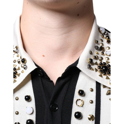 Dolce & Gabbana White Black Silk Studded Stone Crystal Shirt