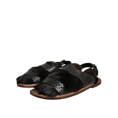 Dolce & Gabbana Black Gazelle Hair Leather Flats Sandals Shoes