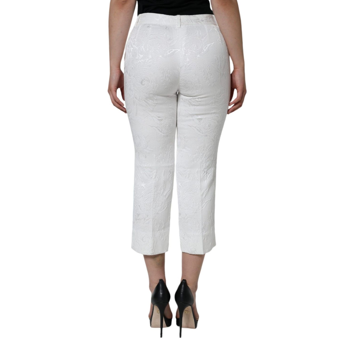 Dolce & Gabbana White Floral Brocade Cotton Cropped Pants