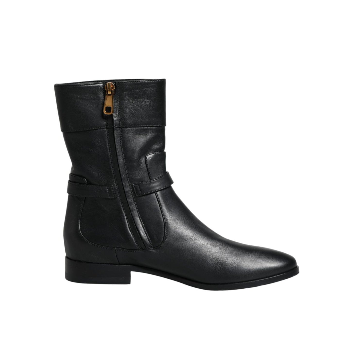 Dolce & Gabbana Black Leather Logo Mid Calf Boots Shoes
