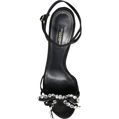 Dolce & Gabbana Black Leather Crystal Bow Heels Sandals Shoes