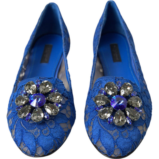 Dolce & Gabbana Blue Lace Crystal Ballet Flats Loafers Shoes Dolce & Gabbana Dark Slate Blue